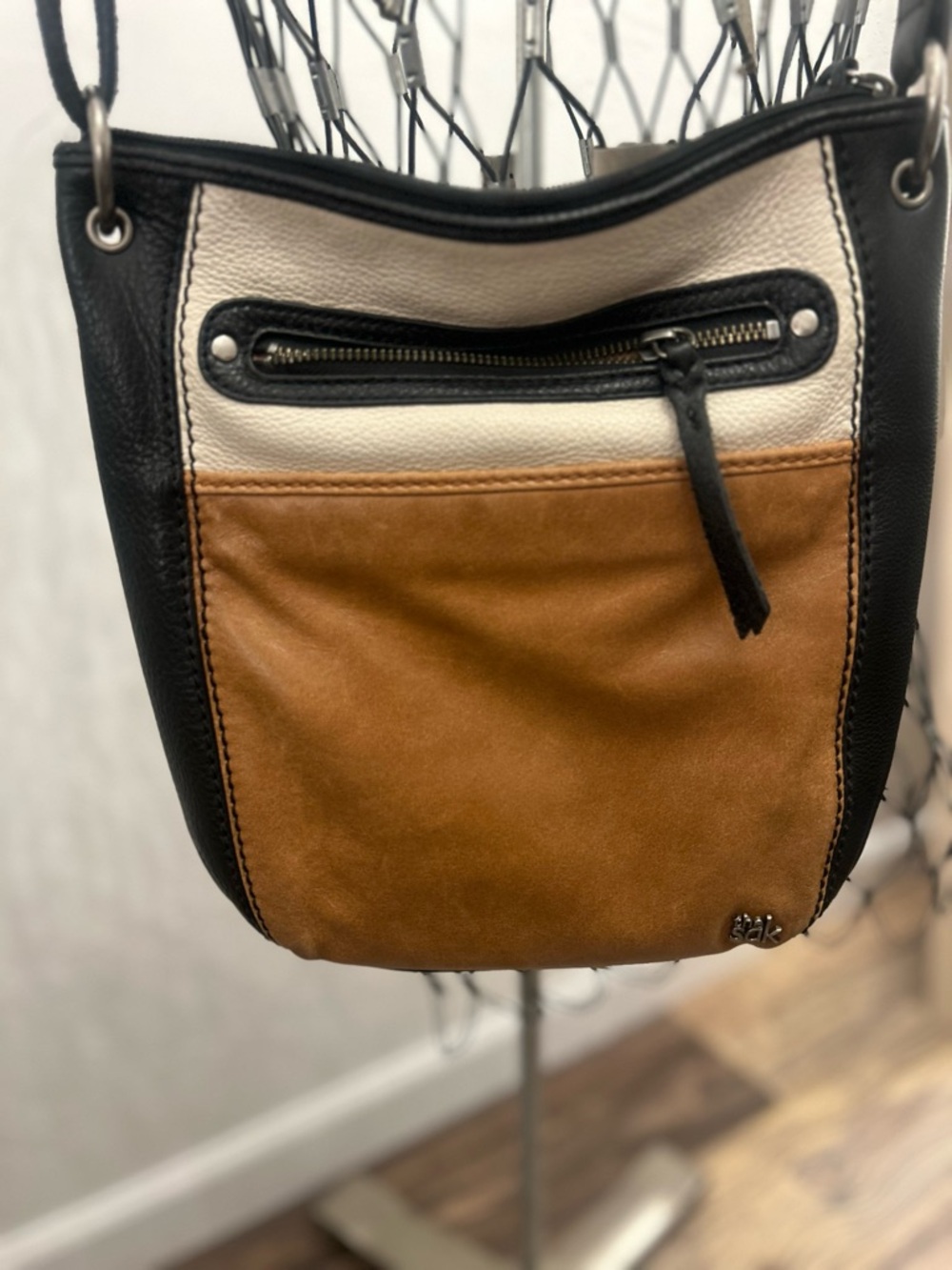 The Sak Tri-Panel Leather Crossbody in‎ Black, Cream & Brown